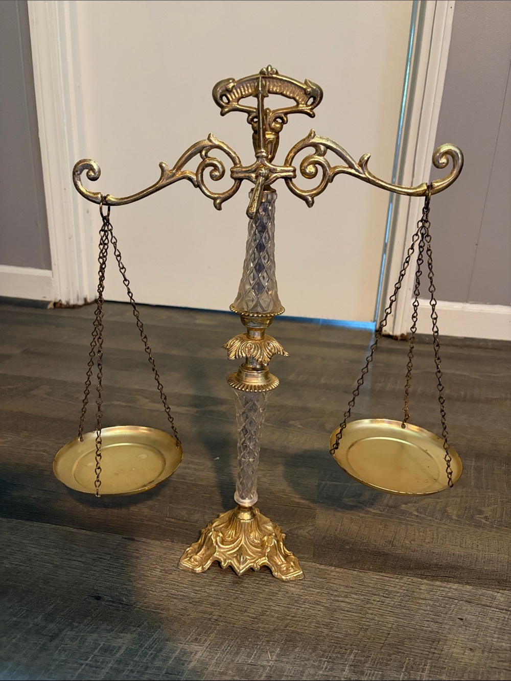 Ornate Gold Decorative Balance Scale with Crystal Column